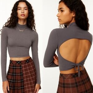 Aritzia Sunday Best Ellie Sweater Grey Womens Sz XS Mock Neck Open Back Knit Top